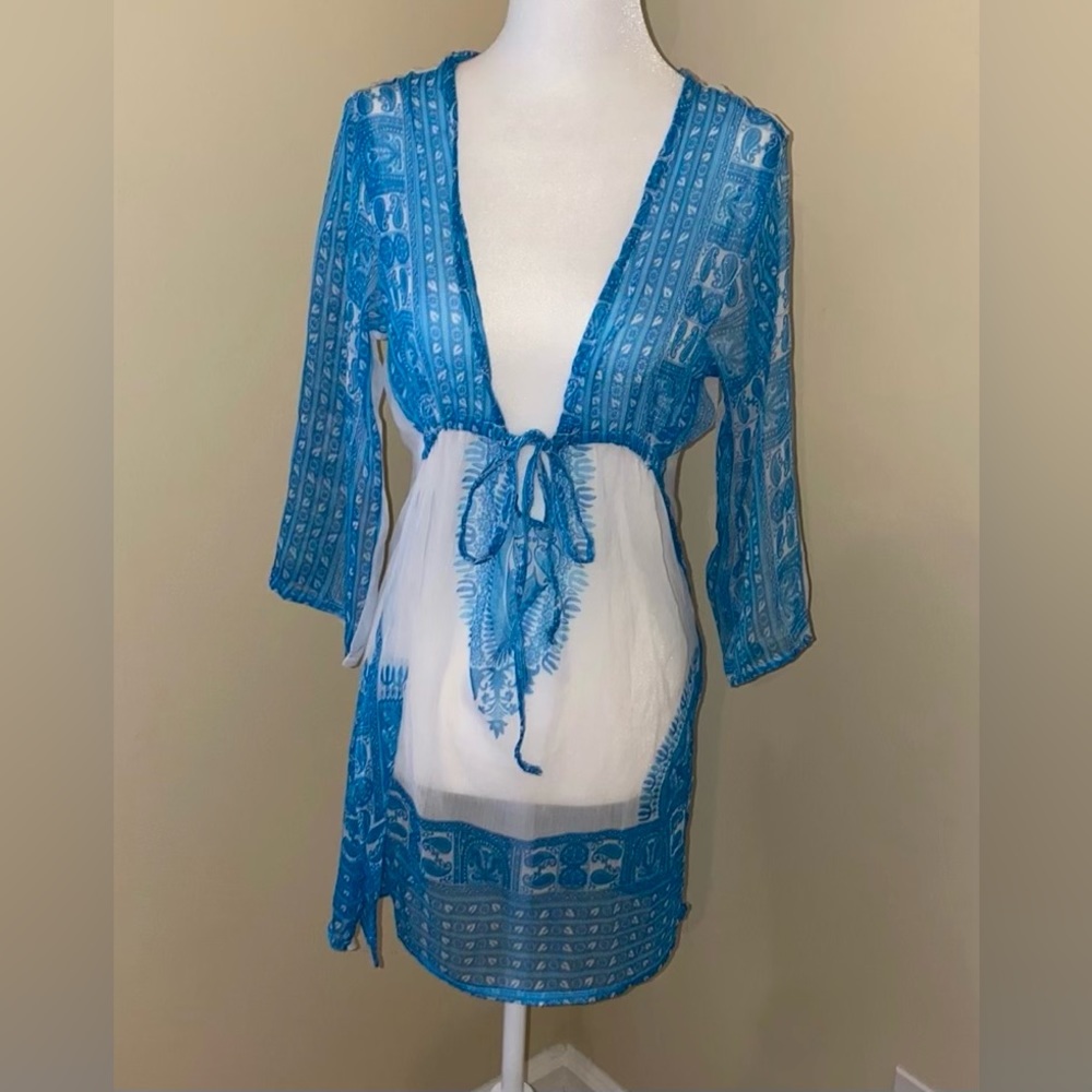Paradise Swim Coverup Dress XS-S Sheer white & turquoise